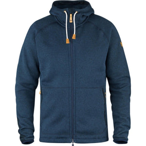 FjallRaven dark blue zip up fleece hoodie with white drawstrings