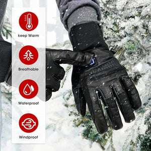 Black leather winter gloves with icons for warmth breathability waterproof and windproof features
