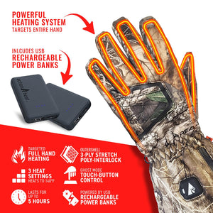 ActionHeat camouflage heated glove with two USB power banks and feature icons