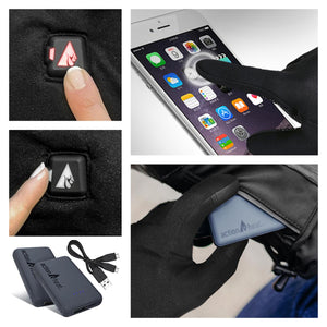 ActionHeat gloves showing power button settings touchscreen compatibility and battery pack storage