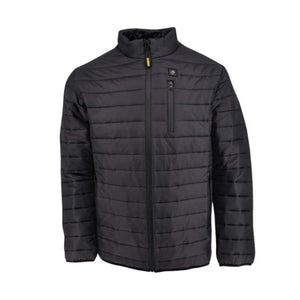 Black quilted puffer jacket with front zipper and chest pocket