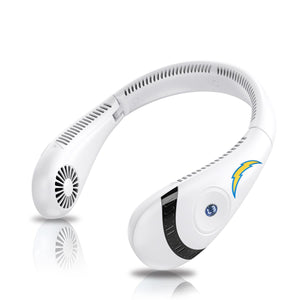 White wearable neck fan with Los Angeles Chargers logo and digital display