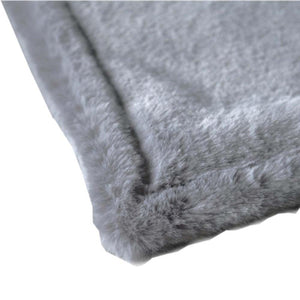 Close up of grey faux fur blanket corner
