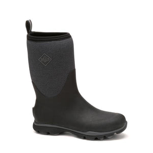Muck black mid-calf rubber boot with grey textured upper and pull tab