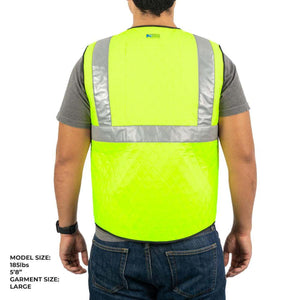 Back view of person wearing neon yellow quilted high visibility safety vest with reflective strips