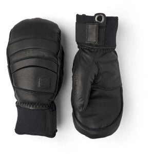 Hestra black leather mittens with velcro wrist straps