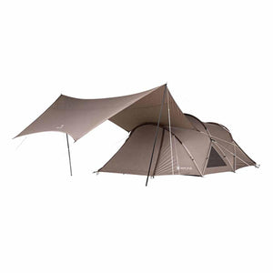 Snow Peak brown tunnel tent with an extended canopy awning