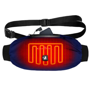 Blue heated waist pack with visible internal heating element and power bank connection