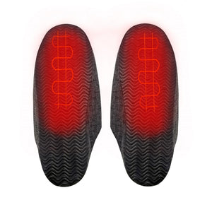 Bottom view of grey slippers showing red heating elements on the soles