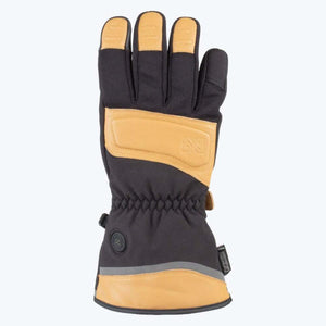 Mobile Warming black and tan heated glove with power button on cuff