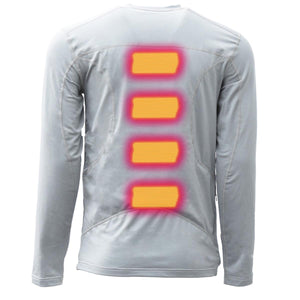 Back view of grey long sleeve shirt with four glowing orange heating elements along the spine