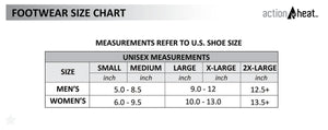 ActionHeat footwear size chart showing US shoe size conversions for men and women