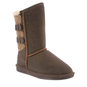Bearpaw brown suede mid calf boot with knit back panel and two decorative buckles