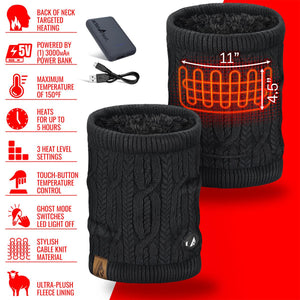 ActionHeat black cable knit neck warmer with power bank and heating feature specifications