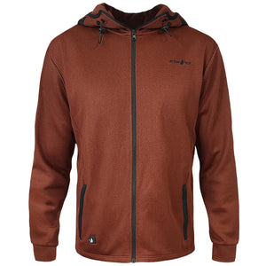 ActionHeat brown hooded zip up jacket with black trim and front pockets
