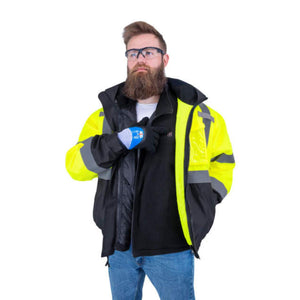Man wearing Radians high visibility jacket and safety glasses