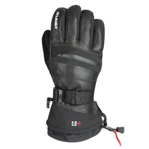 Seirus black leather ski glove with adjustable wrist strap and gauntlet cuff