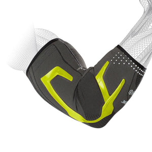 Grey and yellow elbow compression sleeve on a wireframe arm