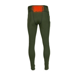 Mobile Warming olive green heated base layer pants with red heating element visible at the waist
