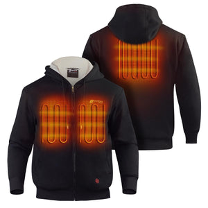 Venture Heat black zip up hoodie showing internal heating elements on chest and back