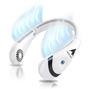 White Alphacool portable neck fan with blue digital display and airflow effect