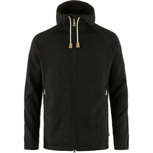 Black FjallRaven fleece hoodie with front zipper and drawstring hood