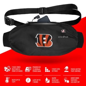 ActionHeat black heated hand warmer muff with Cincinnati Bengals logo and power bank features