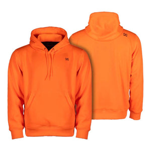 Mobile Warming orange hooded sweatshirt shown from front and back views