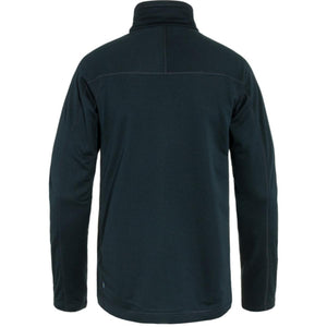 Back view of a dark blue FjallRaven fleece jacket with a high collar