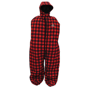 Red and black buffalo plaid hooded sleeping bag suit