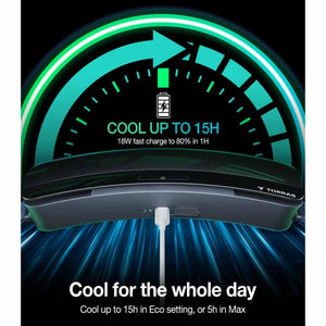 Torras neck fan showing 15 hour battery life and 18W fast charging capability