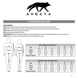 Aheata 7V outerwear size chart with measurement instructions and tables for men and women