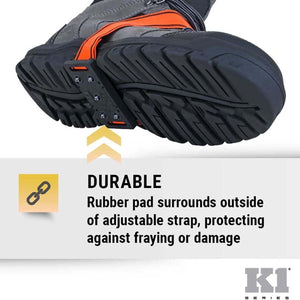 K1 Series traction device showing rubber pad protecting adjustable strap on boot sole