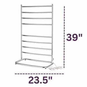 Chrome towel warmer with dimensions 39 inches high and 23.5 inches wide