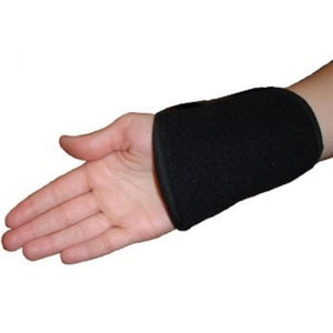 Black wrist support brace worn on a person's wrist