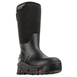 Korkers black waterproof rubber boot with textured sole and orange accents