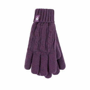Purple Heat Holders cable knit gloves with ribbed cuff