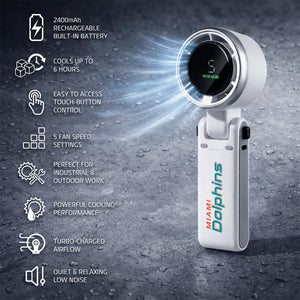Miami Dolphins handheld fan with digital display and eight feature icons showing battery life and cooling settings
