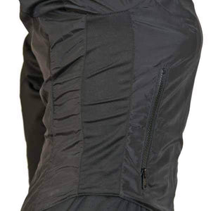 Side view of black jacket showing zippered pocket and side panel detail