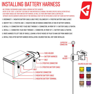 Gerbing battery harness installation instructions with diagram showing positive and negative terminal connections