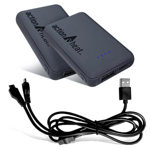 Two ActionHeat power banks with a dual USB charging cable