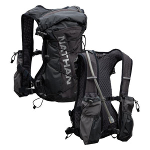 Nathan black hydration running vest with front and back views