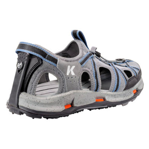 Korkers grey and blue water sandal with speckled midsole and K logo