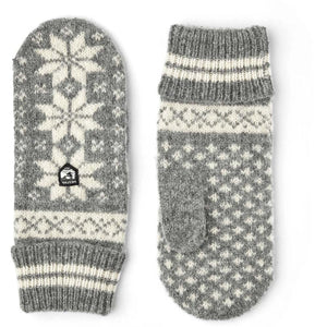 Hestra grey and white patterned wool mittens