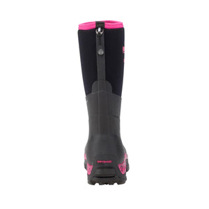 Rear view of black Dryshod rubber boot with pink trim and sole detail