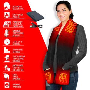 Woman wearing ActionHeat heated scarf with feature list including neck heating, pockets, and power bank details