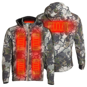 Mobile Warming hooded camo jacket showing internal heating elements on chest and back
