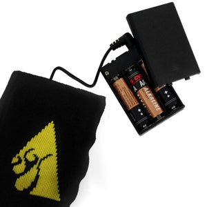 ActionHeat battery pack with AA batteries connected to a black fabric sleeve