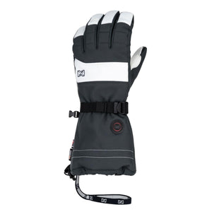Black and white heated ski glove with adjustable wrist strap and power button