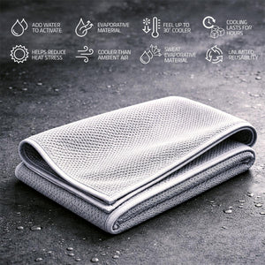 Folded grey cooling towel with icons explaining evaporative cooling features